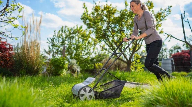 smiling woman pushing cylinder mower across lawn