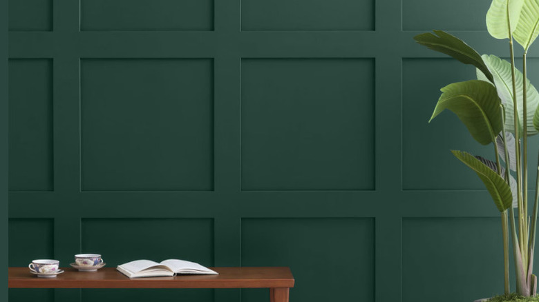 A dark green wall behind a wooden coffee table and house plant