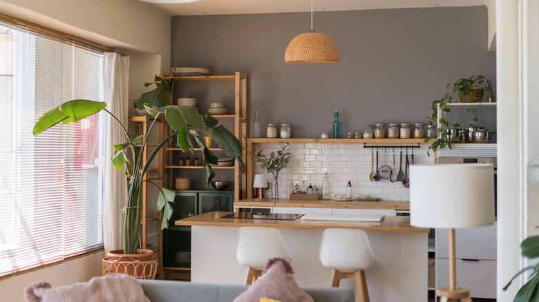 Modern kitchen without upper cabinets