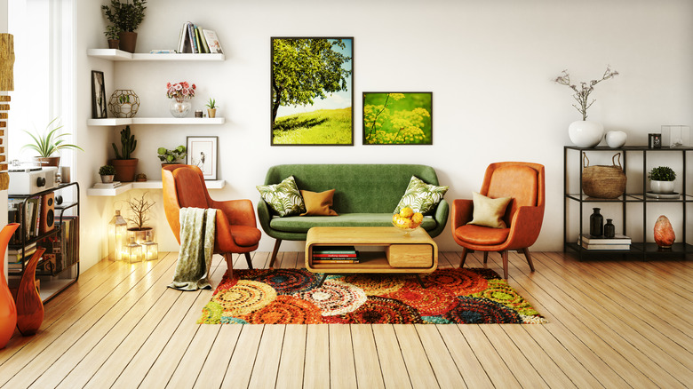 white living room with colorful features