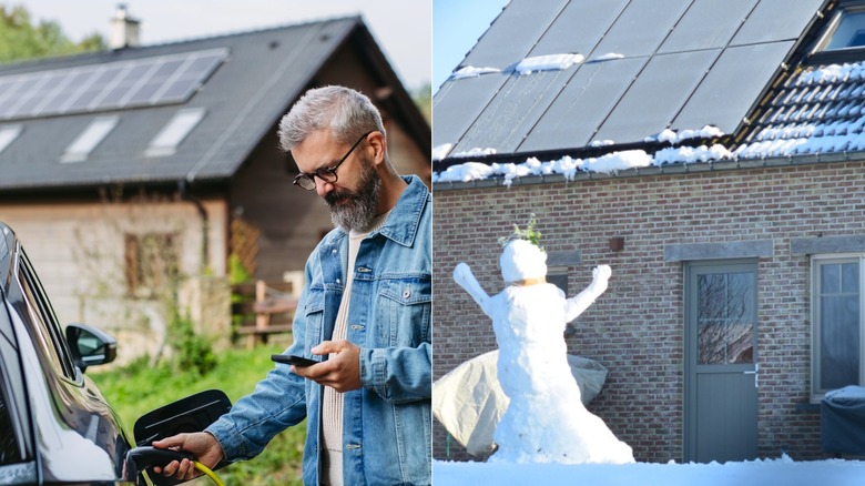 man unplugging an electric car by a house with solar panels in the summer (left) snowman in front of house with solar panels in the winter (Right)