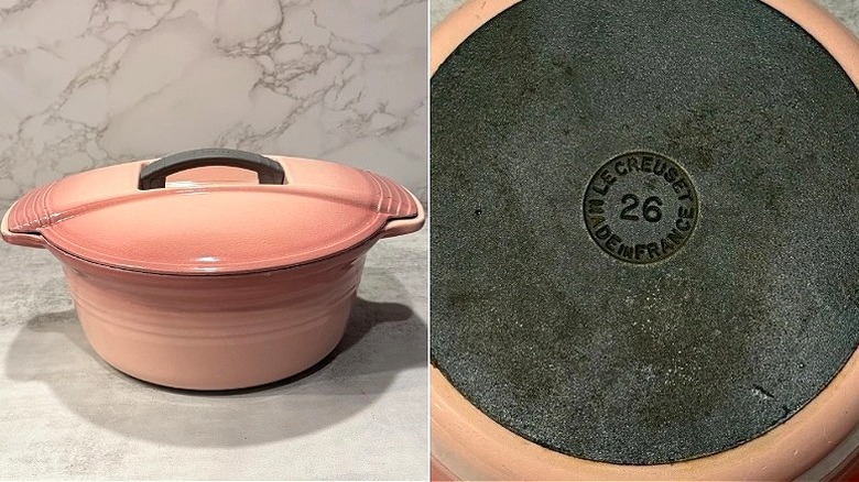 Split image of a pink Futura Le Creuset pot with lid sitting on a table, and the bottom of the pot with its maker's mark