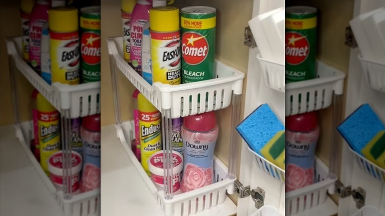 Dollar Tree two-tier shelf holding cleaning supplies.