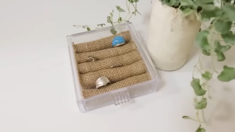 Clear ring organizer on a white table near a potted plant