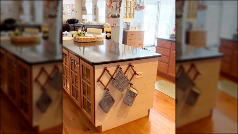 An accordion rack on a kitchen island
