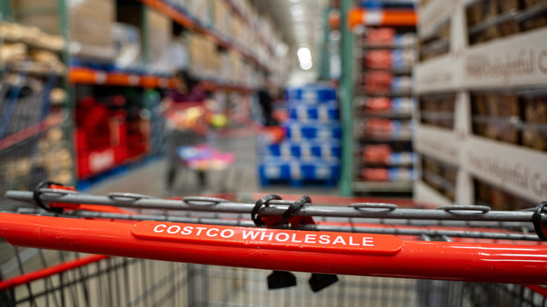 Costco shopping cart on a warehouse aisle