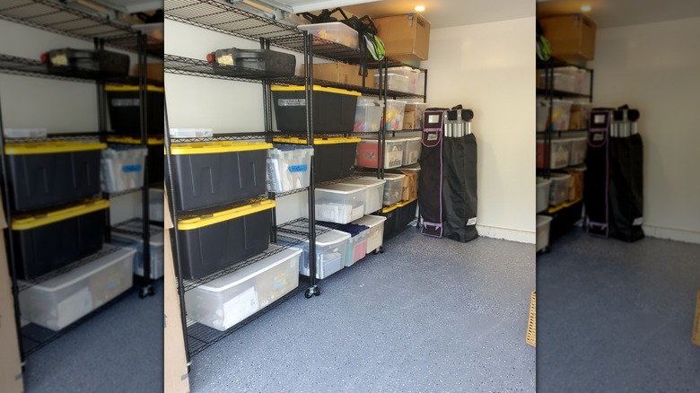 Customer review photo of BestOffice storage shelves set up as garage organizer.