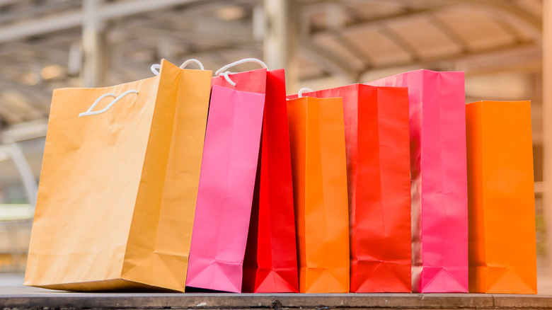 A row of colorful gift bags
