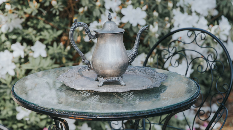 A silver teapot sits on a silver tray in the garden