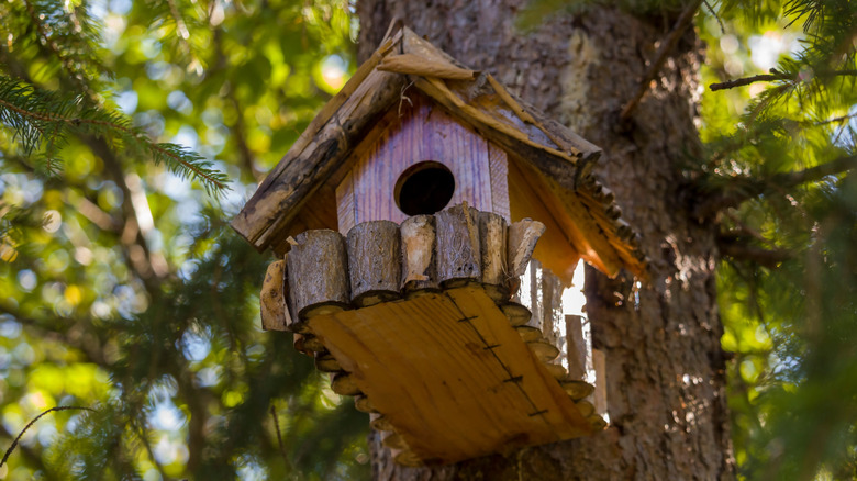 A birdhouse is decorated with a variety of natural materials.