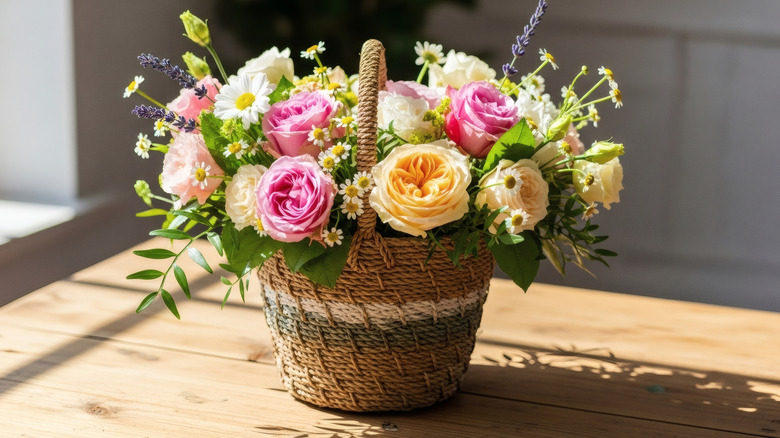 A woven basket filled with vibrant, fluffy spring flowers