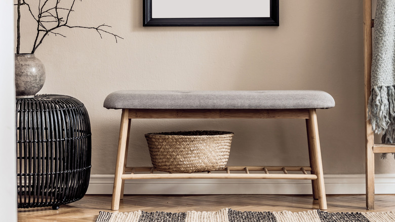 upholstered bench in entryway