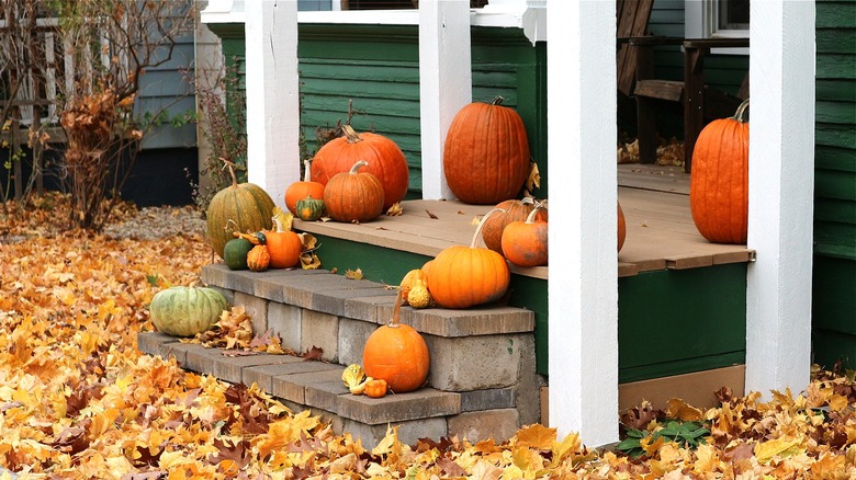 Pumpkins lining homes front porch