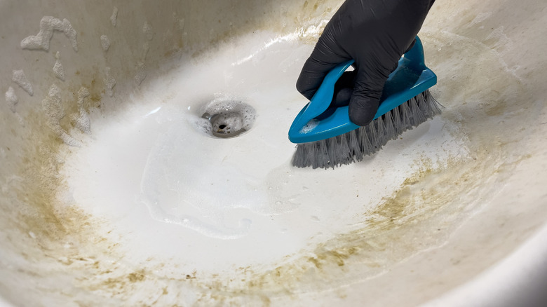 Person scrubbing a basin