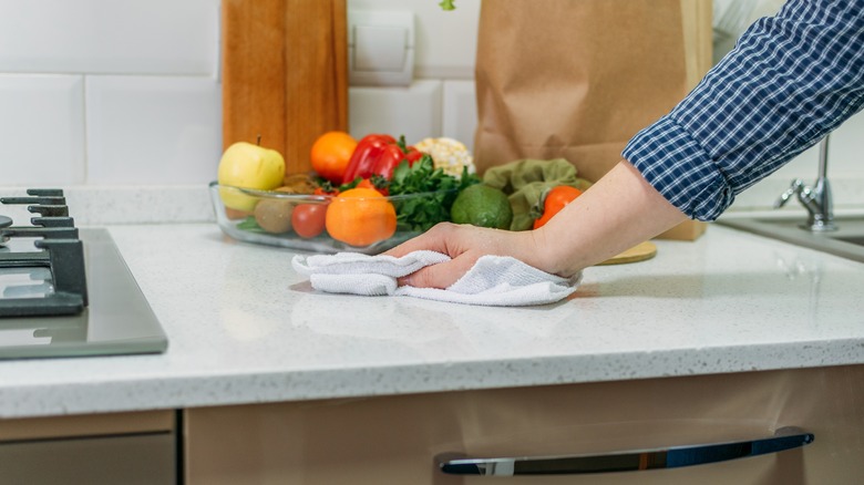 countertop being cleaned with microfiber