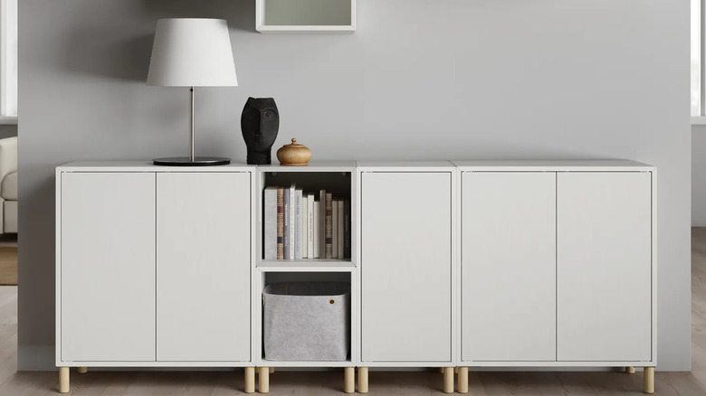 IKEA Eket system shelves lined up together.