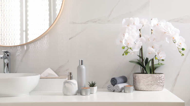 White bathroom vanity with marble backsplash