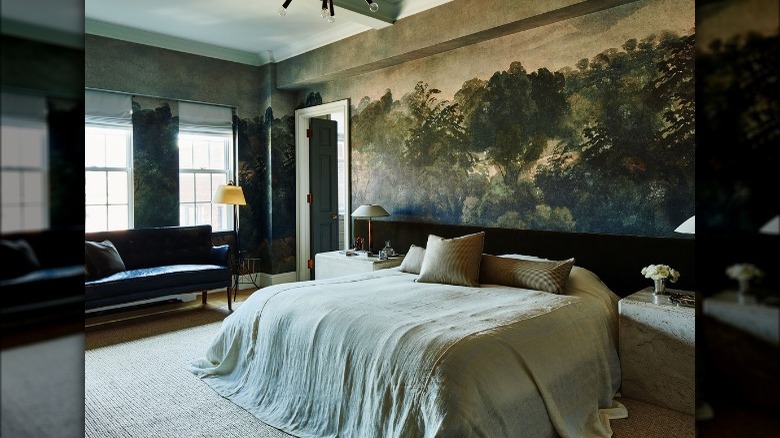 Bedroom with forest wallpaper