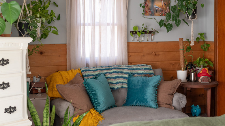 A small living room sporting warm-toned decor and trailing houseplants