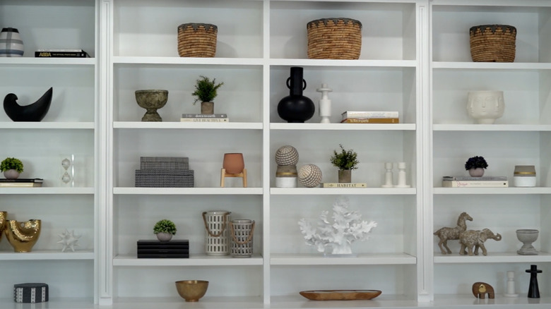 A variety of decor pieces on white bookshelves
