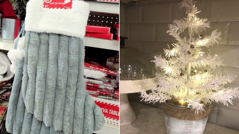 Split image with Dollar Tree faux fur stockings and white mini tree