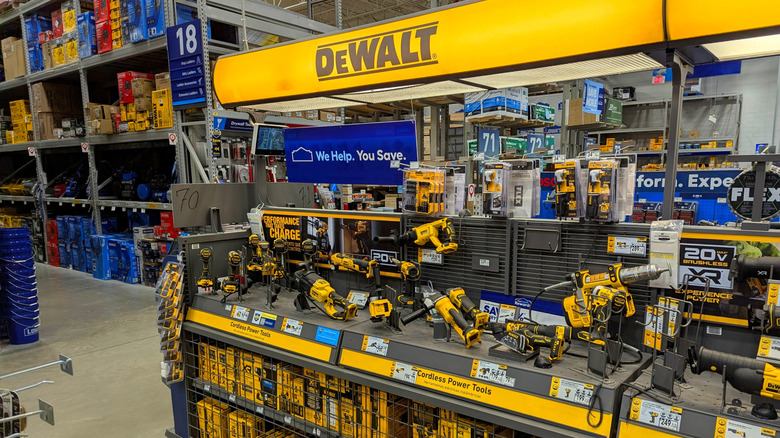 An in-store display of DeWalt power tools