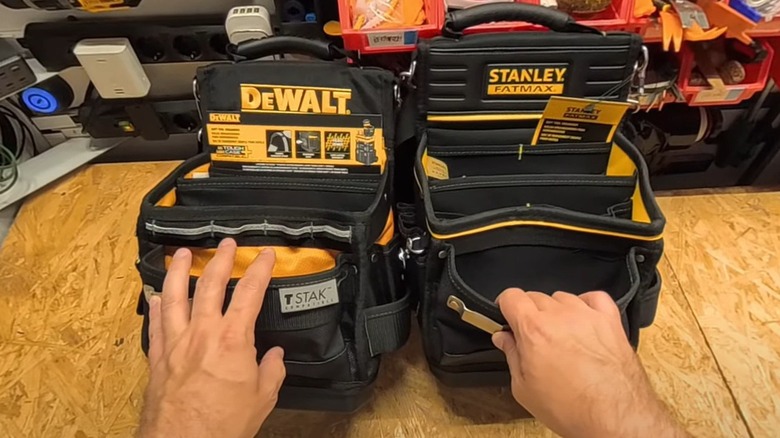 Stanley and DeWalt portable tool bags side by side