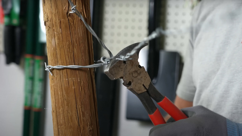 Twisting barbed wire with fencing pliers