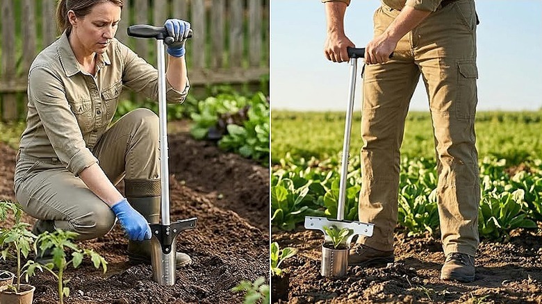 A gardener uses the Craftzone long-handled bulb planter in the garden while squatting and standing.