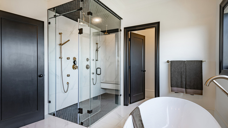 Very large bathroom with luxury decor glass wall shower free standing bathtub double sinks subway tile sauna black cabinets tiled walls built in shelving