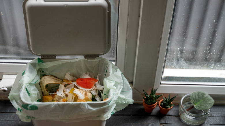 full kitchen trash can with open lid