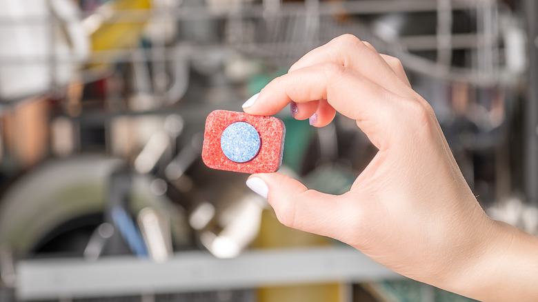 person holding dishwasher tablet