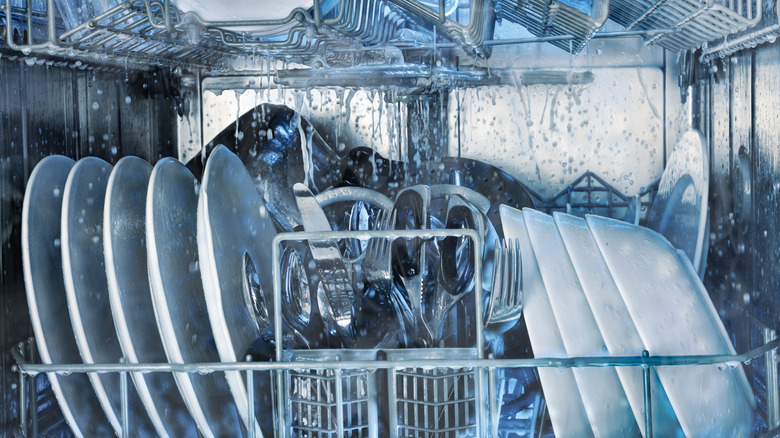 Dishes during wash cycle with proper spacing