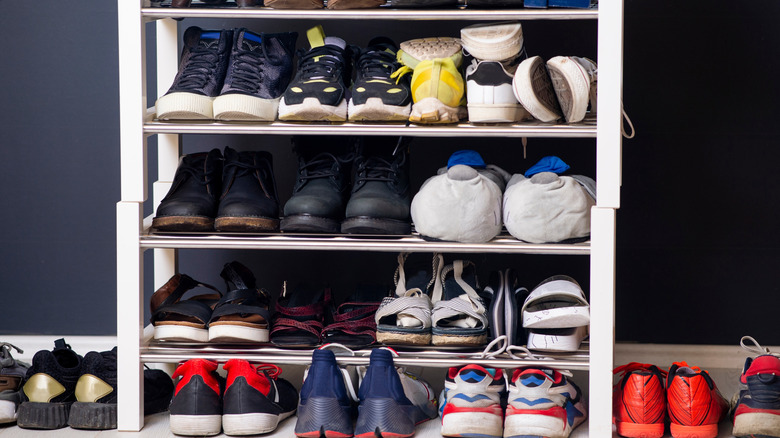Shoes on two stacked shoe racks in a home