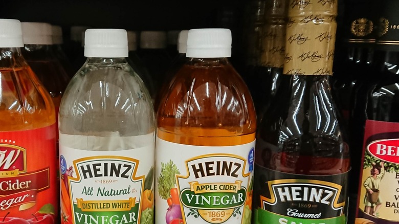 Close-up of Heinz vinegar bottles on a grocery store shelf, including distilled white vinegar, apple cider vinegar, and gourmet varieties.