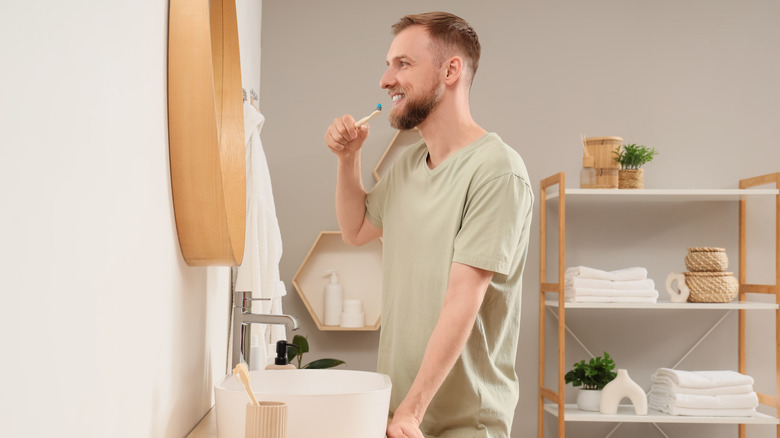Man brushing his teeth in a nicely organized and decorated bathroom