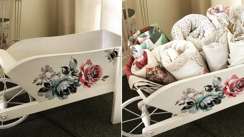 Split image showing the empty upcycled wheelbarrow on the left and styled with rolled blankets and cloths on the right