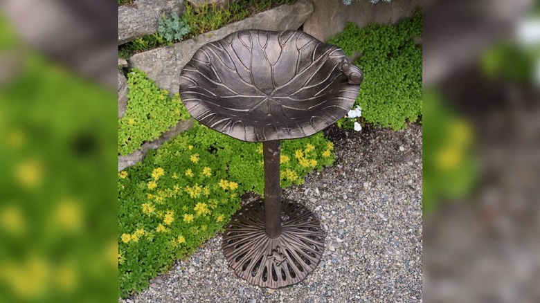 the Oakland Living sunflower frog birdbath on a gravel patio near a flower bed