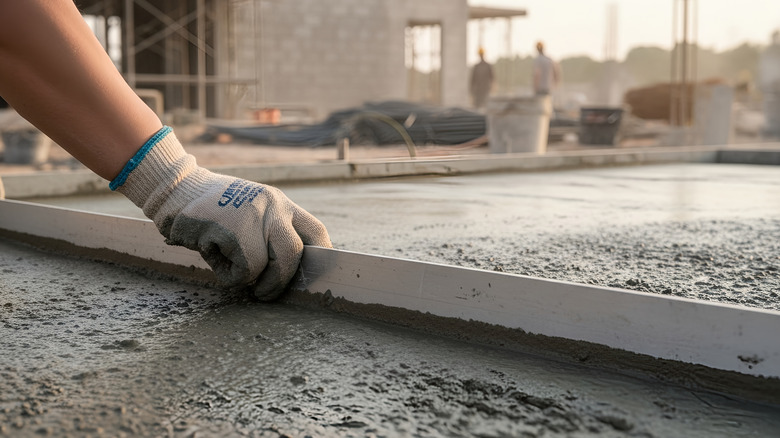 Contractors smoothing over a freshly poured concrete driveway