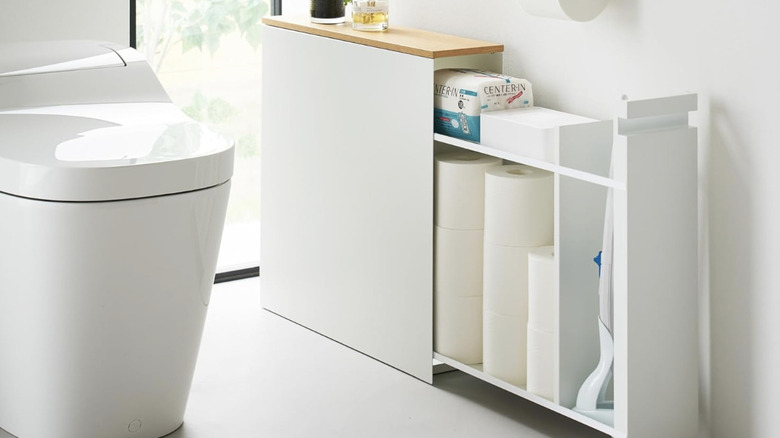 Amazon's YAMAZAKI Pull-Out Bathroom Cabinet in white.