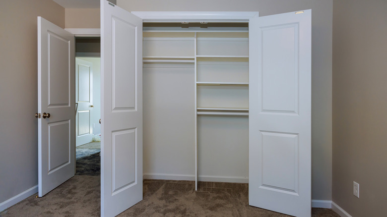 White closet doors in an unfurnished bedroom with wooden floors.