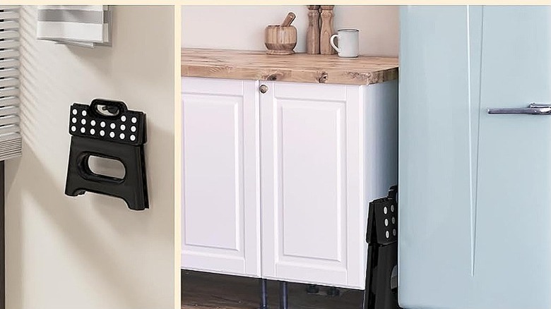 A split image showing the step stool hanging on the wall on the left and slid in between cabinets and a fridge on the right