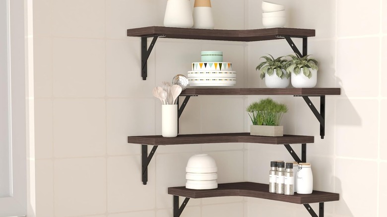 Four corner shelves holding kitchen items and plants.
