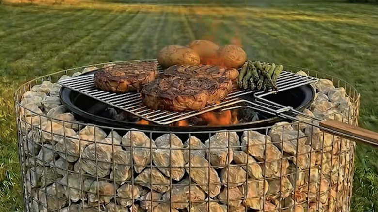 Cooking on a firepit made from a round gabion