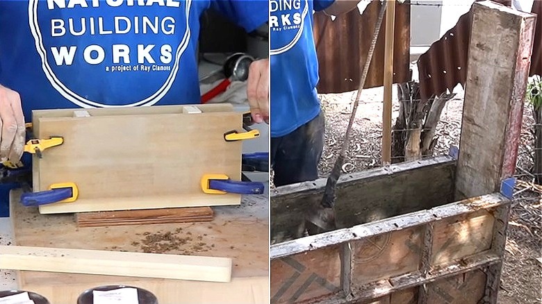 Split image of a mini formwork and a full-size formwork for a rammed earth wall