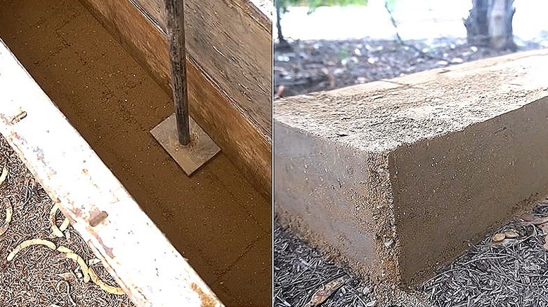A split image of tamping rammed earth into a form and what a cured piece of rammed earth looks like.