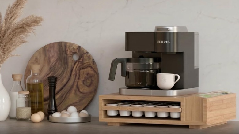 Keurig organizer on a modern stone countertop