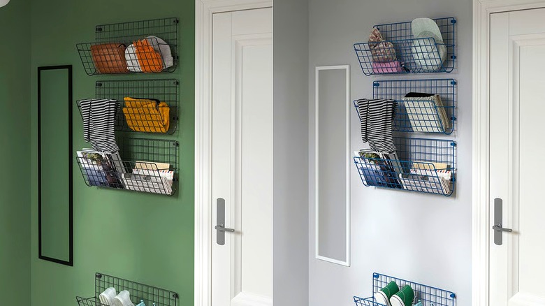Split image of IKEA GREJIG racks by entrance with a variety of items in each