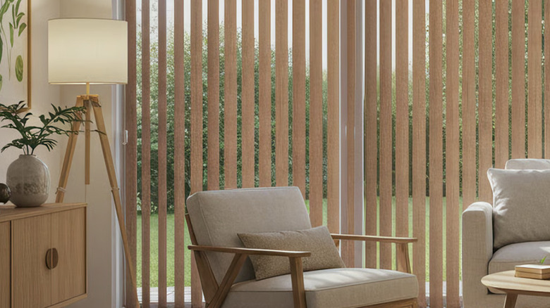 Modern living room with faux wood blinds over sliding glass door