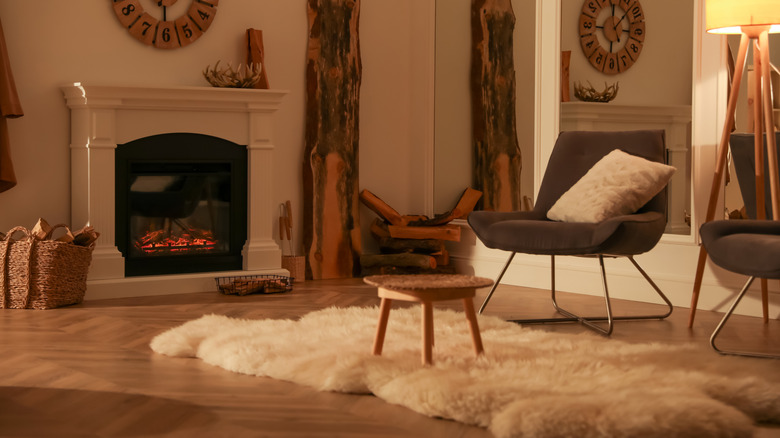 A faux fur rug in a cozy living room